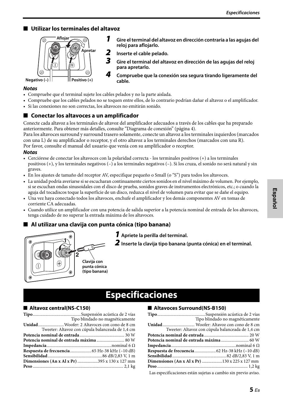 Especificaciones | Yamaha NS-PA150 User Manual | Page 25 / 36