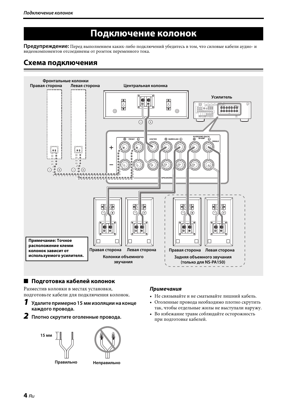 Подключение колонок, Схема подключения | Yamaha NS-PA150 User Manual | Page 30 / 36