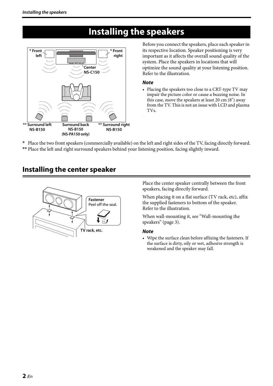 Installing the speakers, Installing the center speaker | Yamaha NS-PA150 User Manual | Page 4 / 36