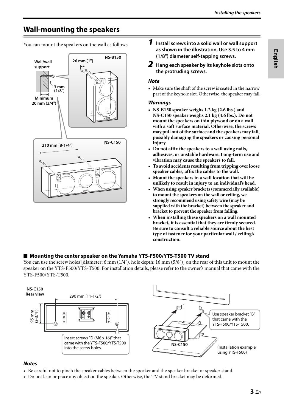 Wall-mounting the speakers | Yamaha NS-PA150 User Manual | Page 5 / 36