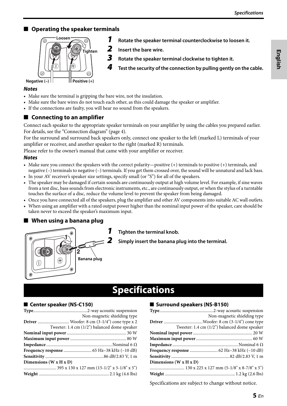 Specifications | Yamaha NS-PA150 User Manual | Page 7 / 36