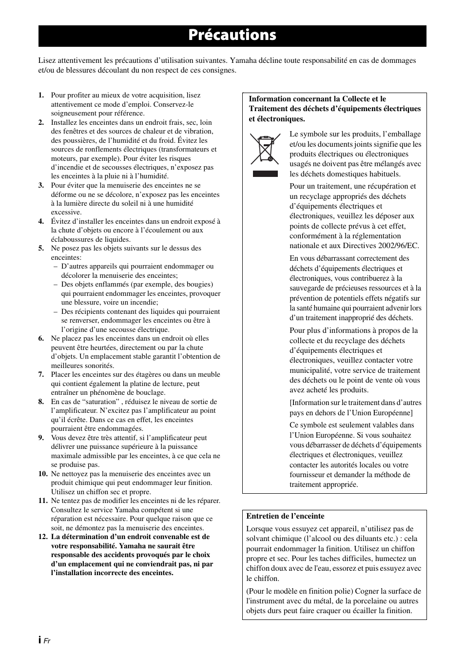Français, Précautions | Yamaha NS-PA150 User Manual | Page 8 / 36
