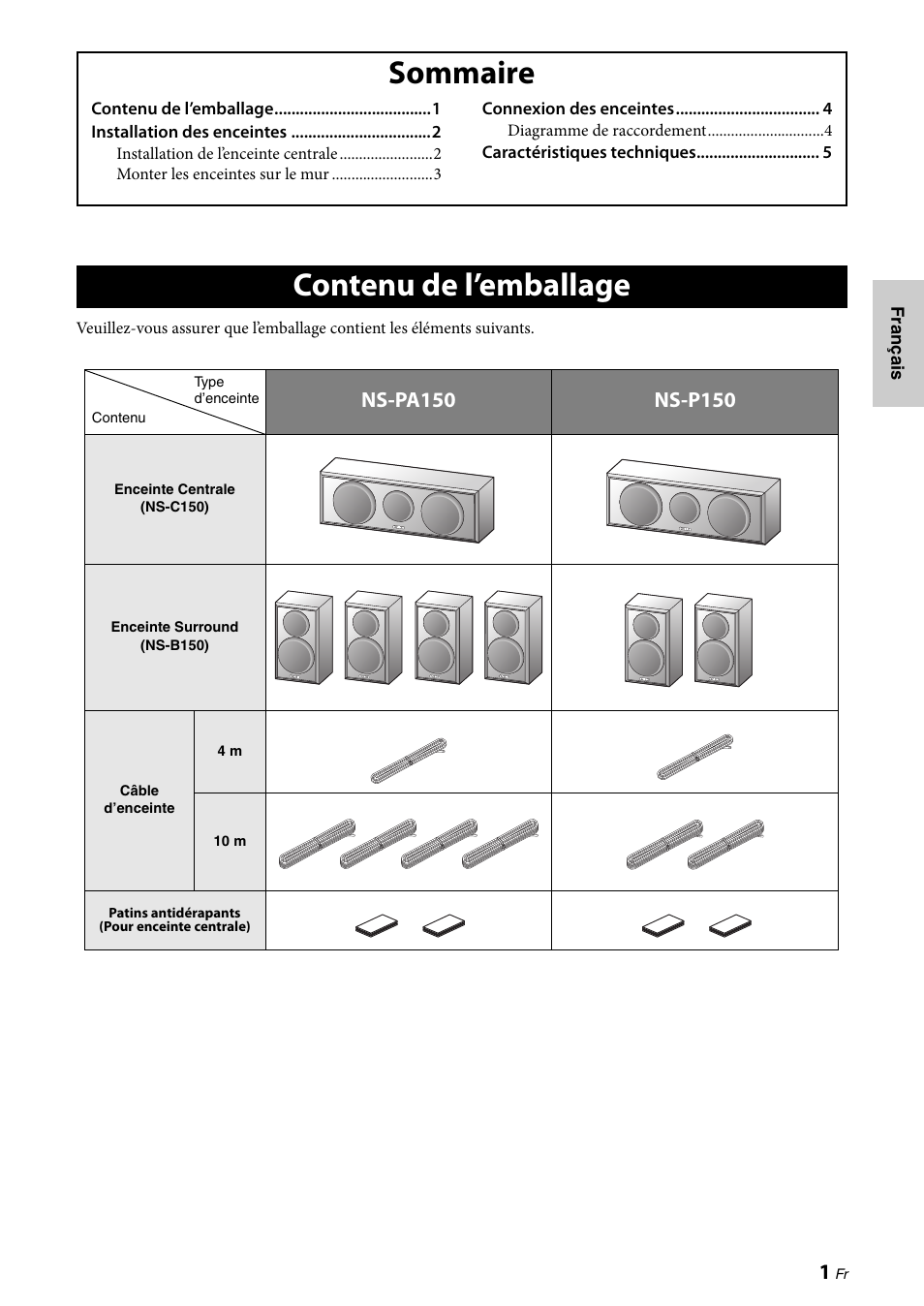 Sommaire, Contenu de l’emballage | Yamaha NS-PA150 User Manual | Page 9 / 36