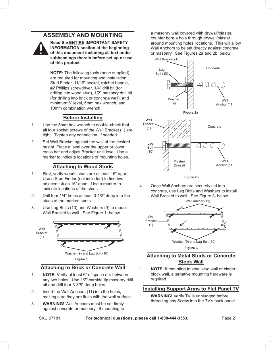 Assembly and mounting, Before installing, Attaching to wood studs | Attaching to brick or concrete wall, Attaching to metal studs or concrete block wall, Installing support arms to flat panel tv | Harbor Freight Tools 67781 User Manual | Page 2 / 4