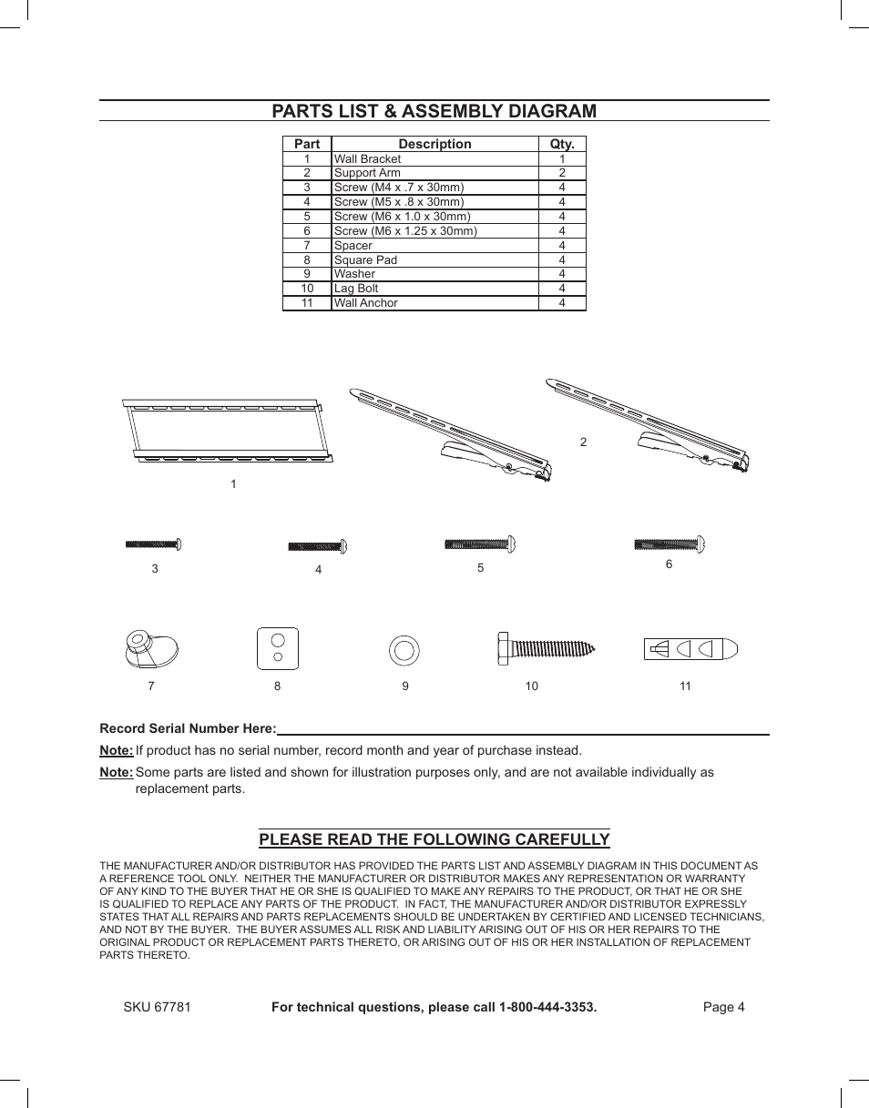 Parts list & assembly diagram, Please read the following carefully | Harbor Freight Tools 67781 User Manual | Page 4 / 4