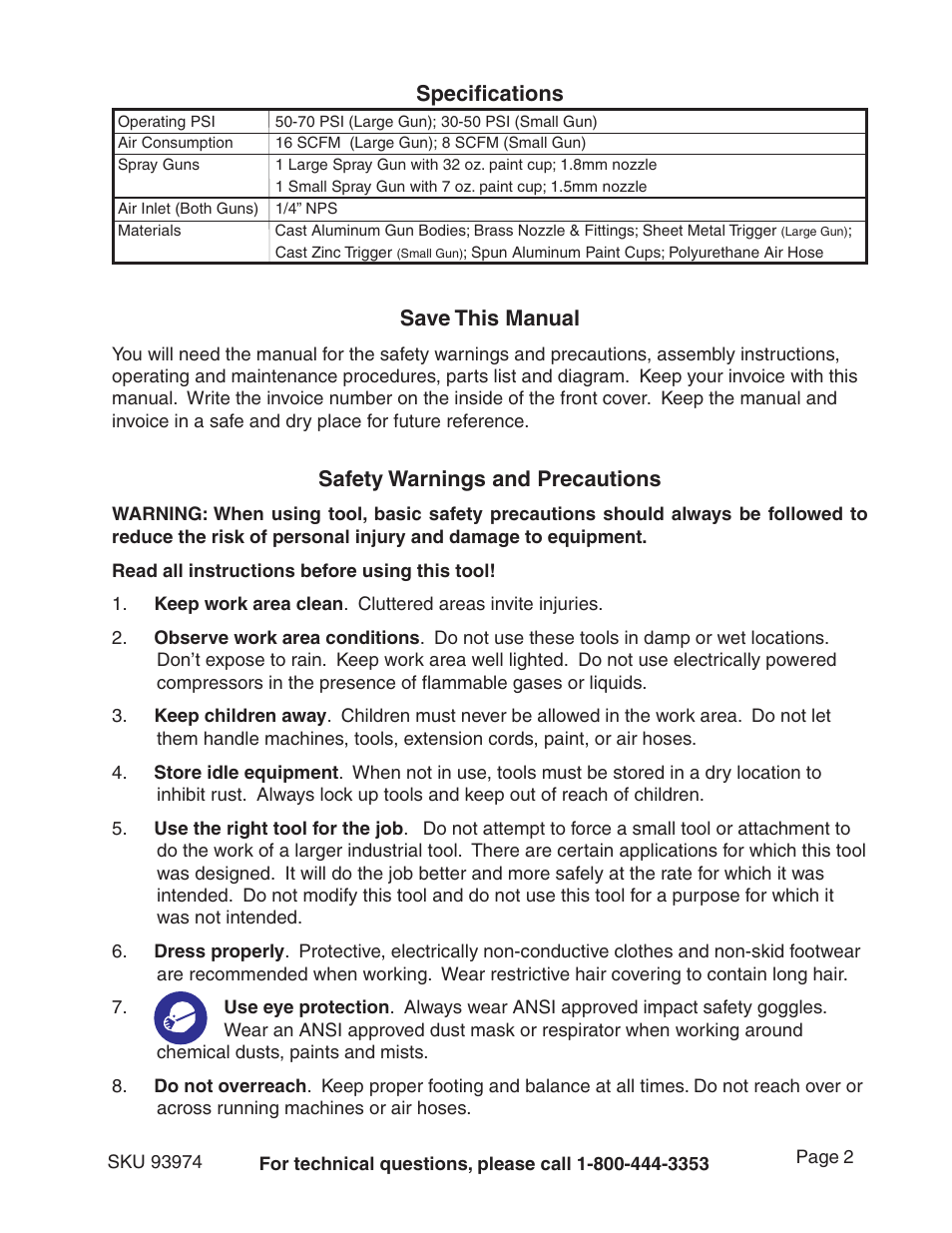 Specifications save this manual, Safety warnings and precautions | Harbor Freight Tools 93974 User Manual | Page 2 / 19