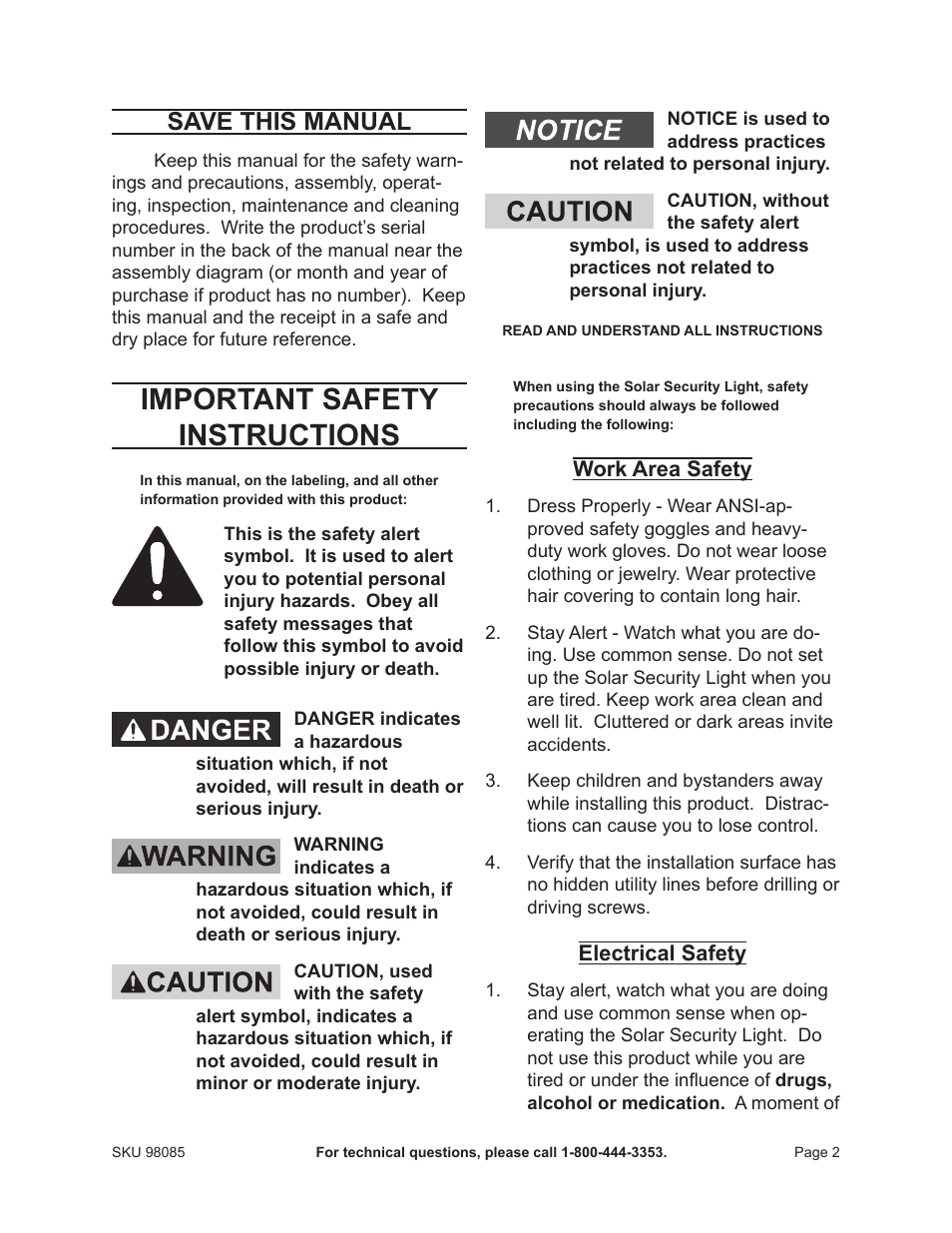 Important safety instructions, Save this manual | Harbor Freight Tools 98085 User Manual | Page 2 / 7