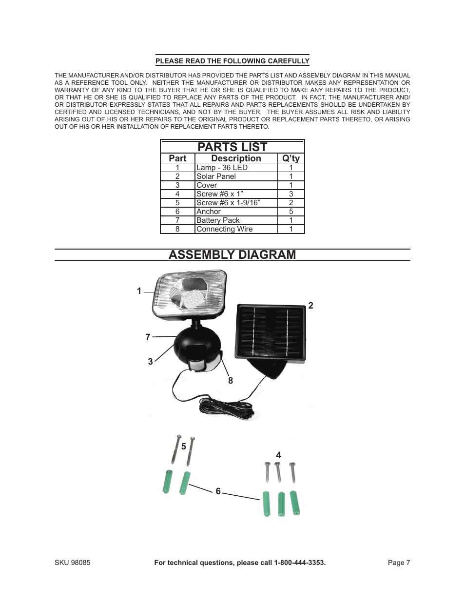 Parts list, Assembly diagram | Harbor Freight Tools 98085 User Manual | Page 7 / 7