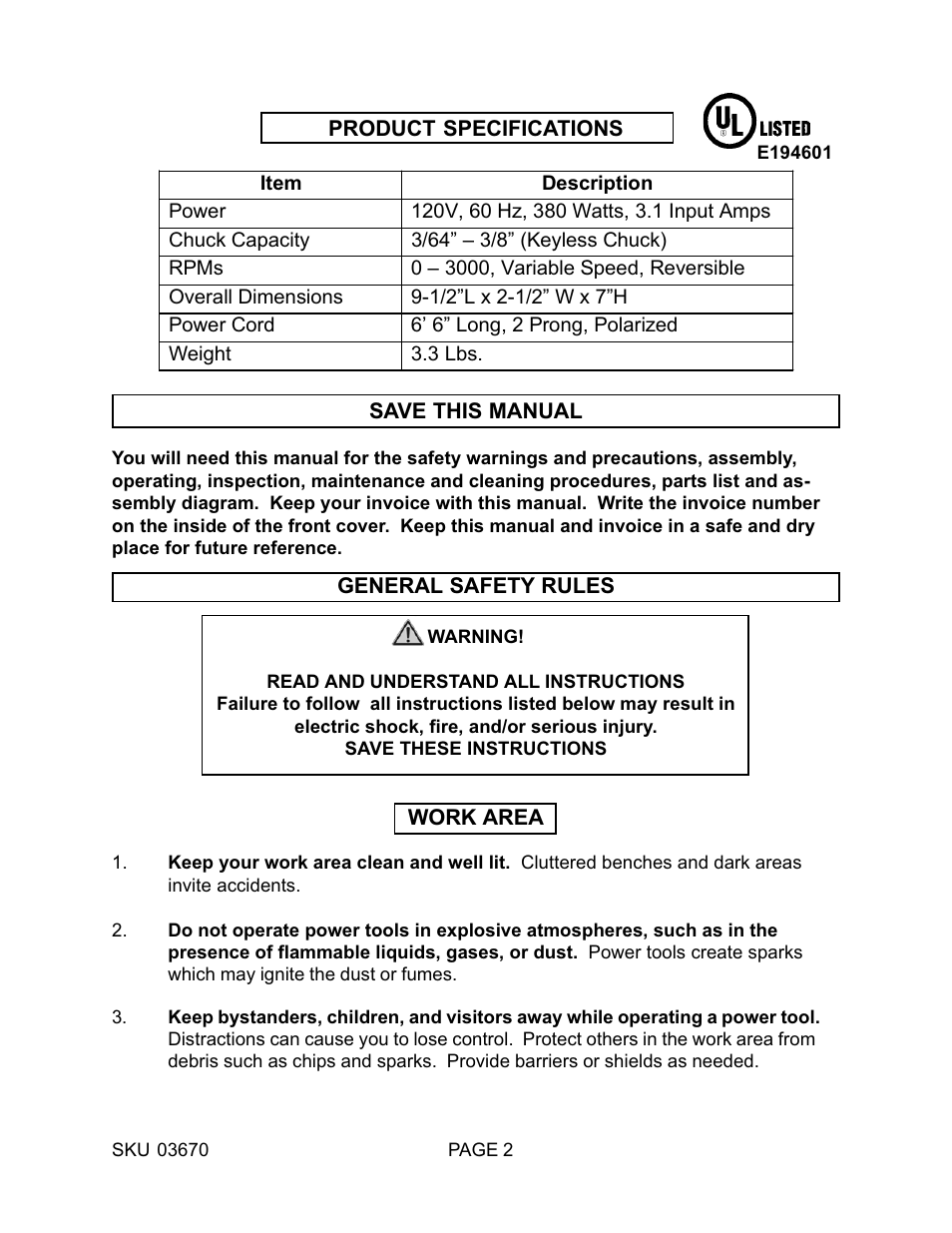 Harbor Freight Tools 03670 User Manual | Page 2 / 14