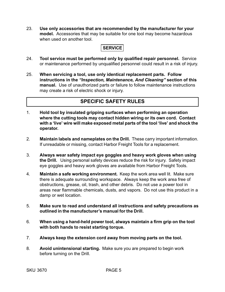 Harbor Freight Tools 03670 User Manual | Page 5 / 14