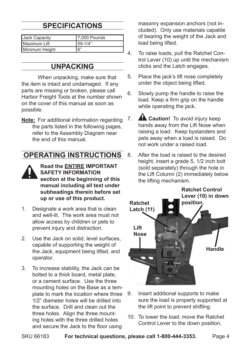 Specifications, Unpacking, Operating instructions | Harbor Freight Tools 66183 User Manual | Page 4 / 8