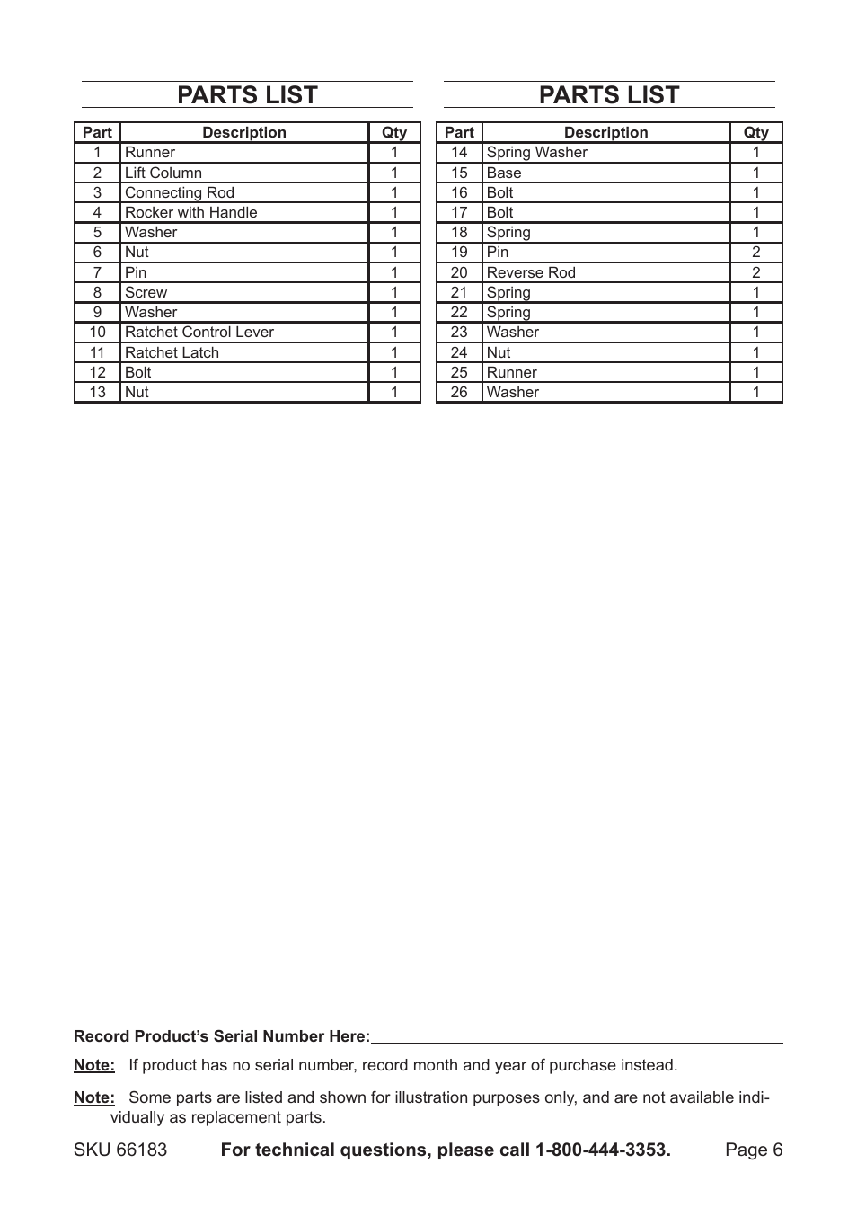 Parts list | Harbor Freight Tools 66183 User Manual | Page 6 / 8