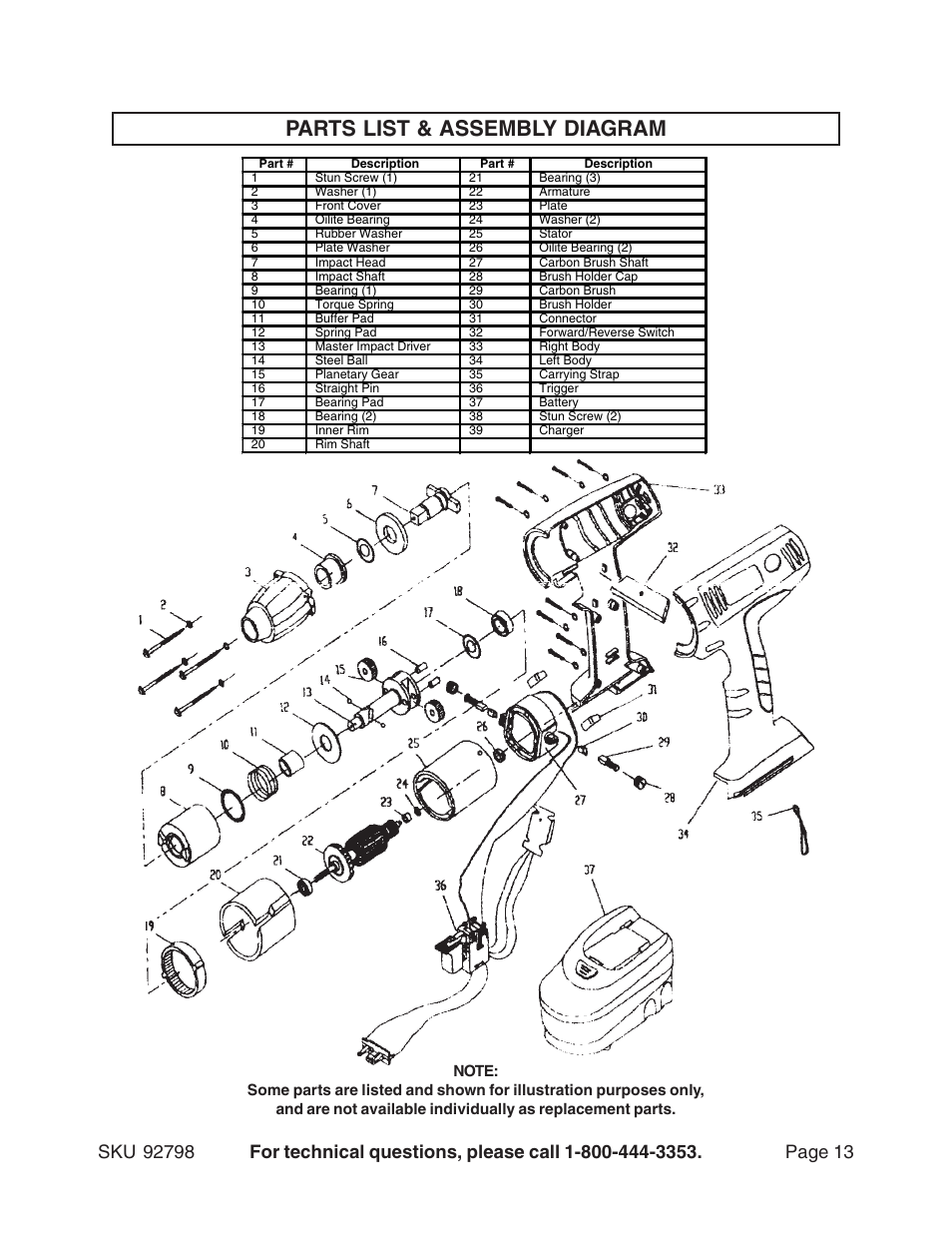 Parts list & assembly diagram | Harbor Freight Tools 92798 User Manual | Page 13 / 13