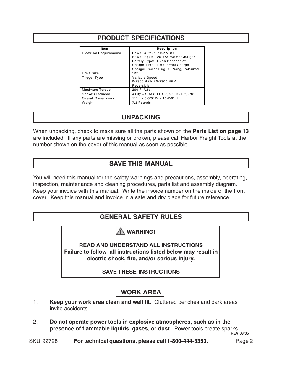 Product specifications save this manual, General safety rules, Work area | Unpacking | Harbor Freight Tools 92798 User Manual | Page 2 / 13