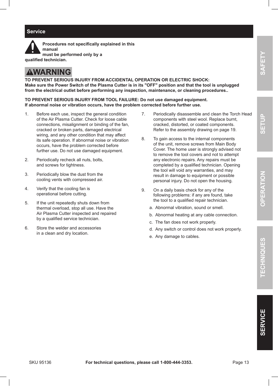 Safety ser vice opera tion techniques setup | Harbor Freight Tools 95136 User Manual | Page 13 / 24