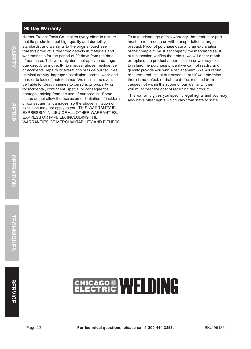 Safety ser vice opera tion techniques setup | Harbor Freight Tools 95136 User Manual | Page 22 / 24