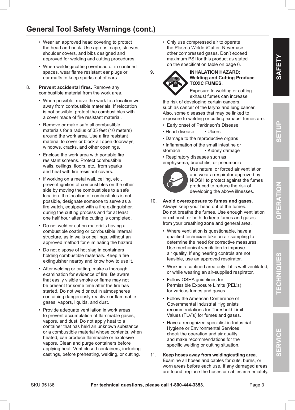 General tool safety warnings (cont.), Safety ser vice opera tion techniques setup | Harbor Freight Tools 95136 User Manual | Page 3 / 24