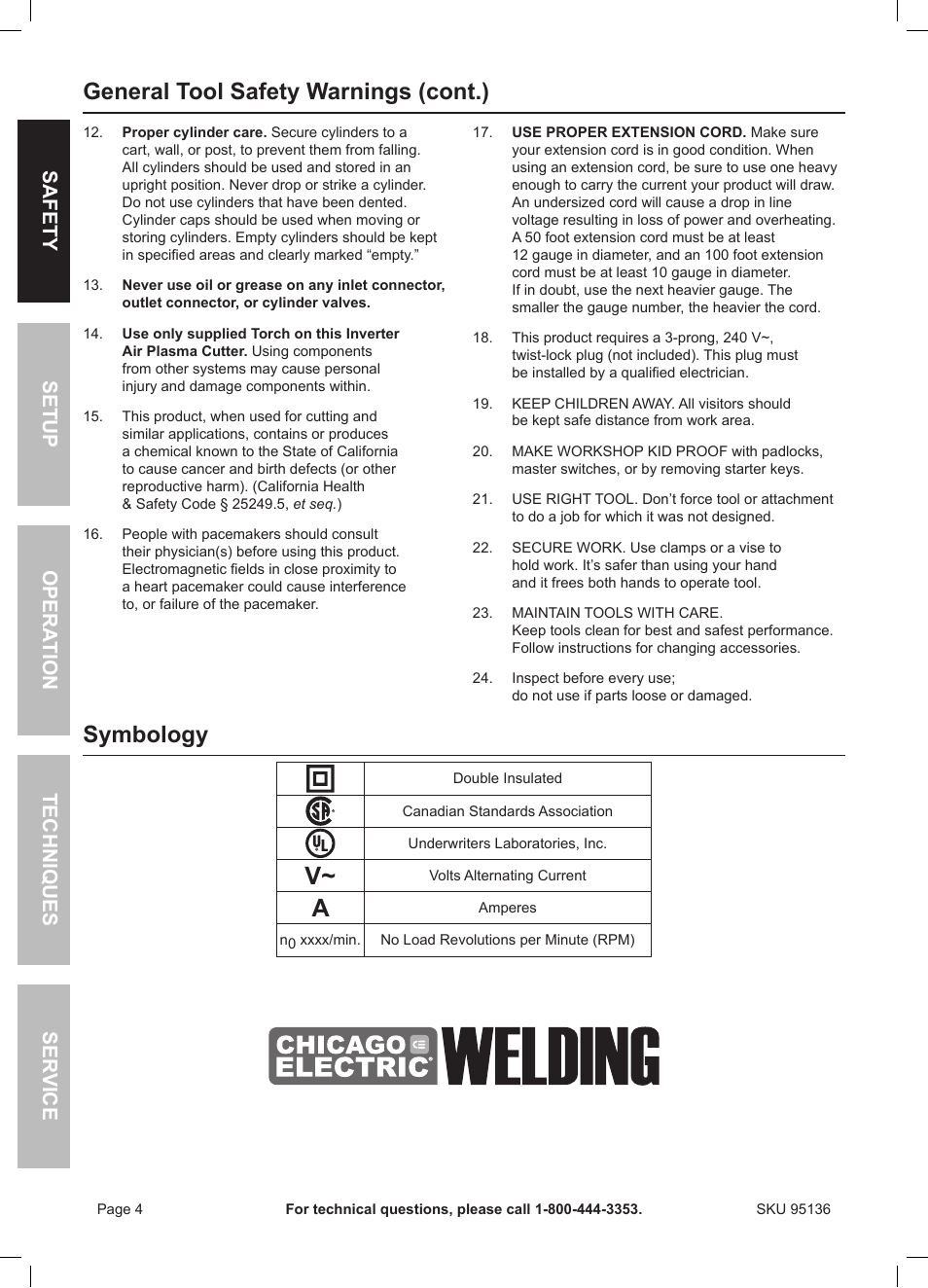Symbology, General tool safety warnings (cont.), Safety ser vice opera tion techniques setup | Harbor Freight Tools 95136 User Manual | Page 4 / 24