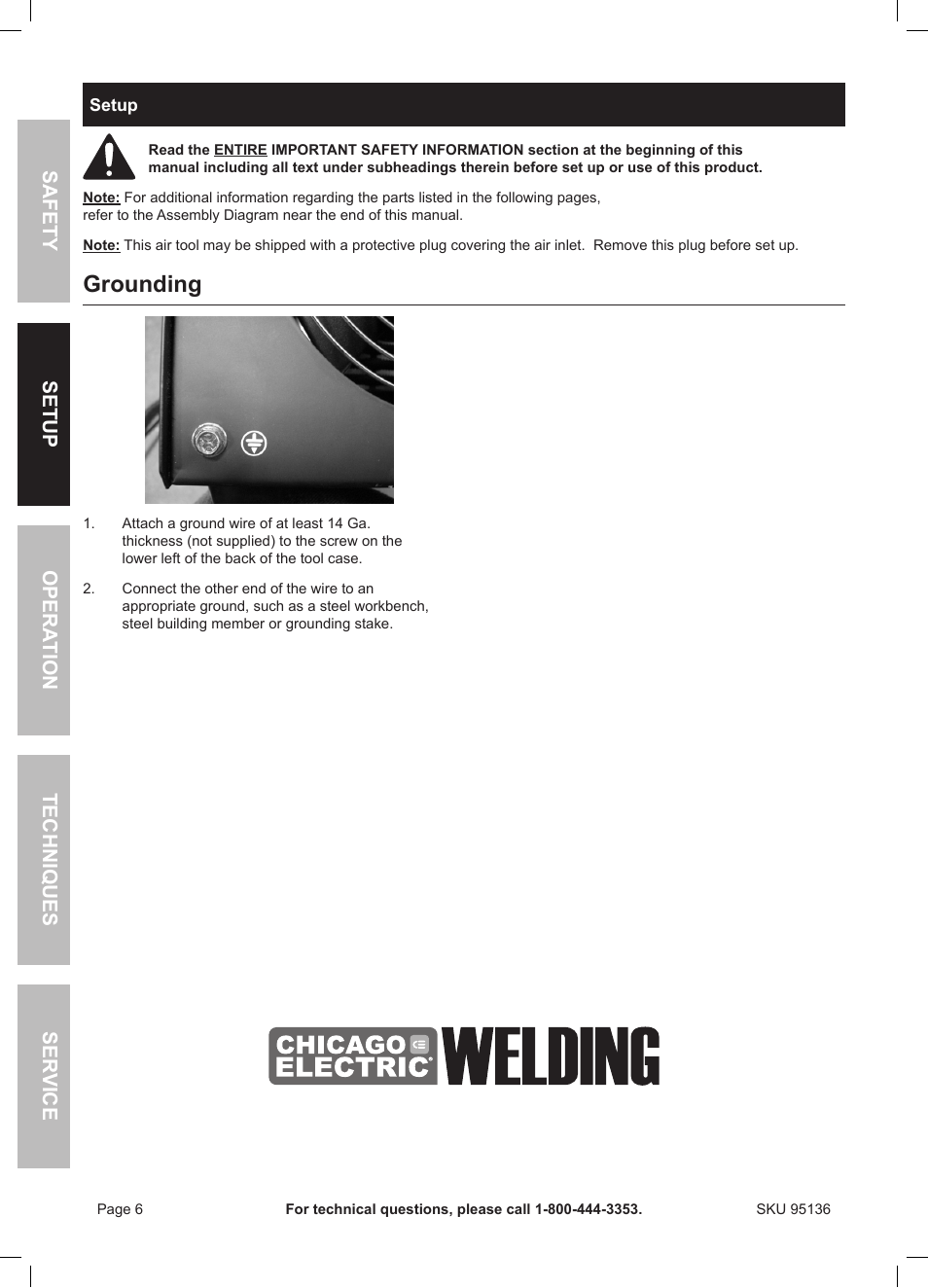 Grounding, Safety ser vice opera tion techniques setup | Harbor Freight Tools 95136 User Manual | Page 6 / 24