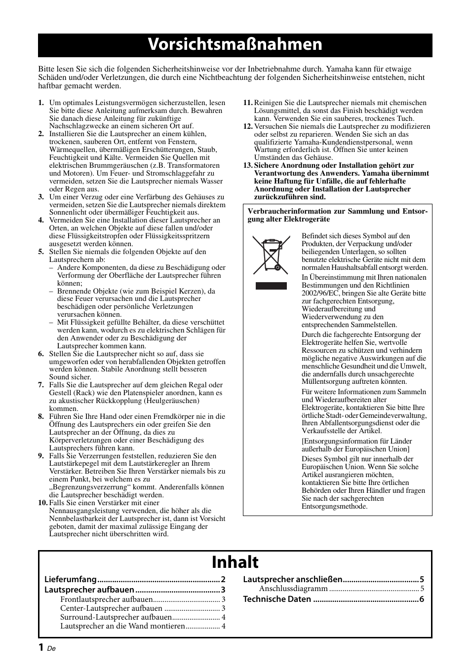 Deutsch, Vorsichtsmaßnahmen, Inhalt | Yamaha NS-PA120 User Manual | Page 14 / 40