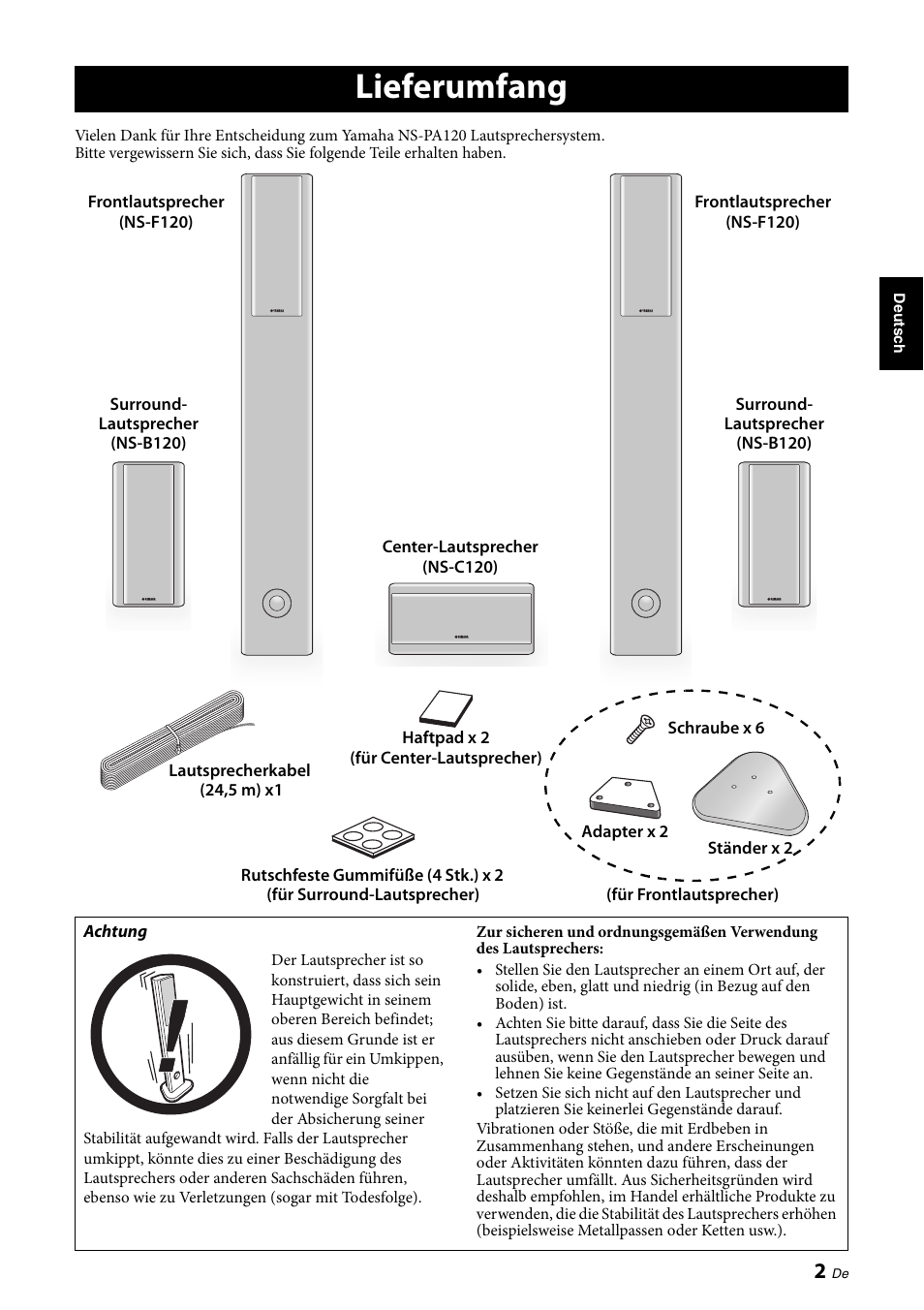 Lieferumfang | Yamaha NS-PA120 User Manual | Page 15 / 40