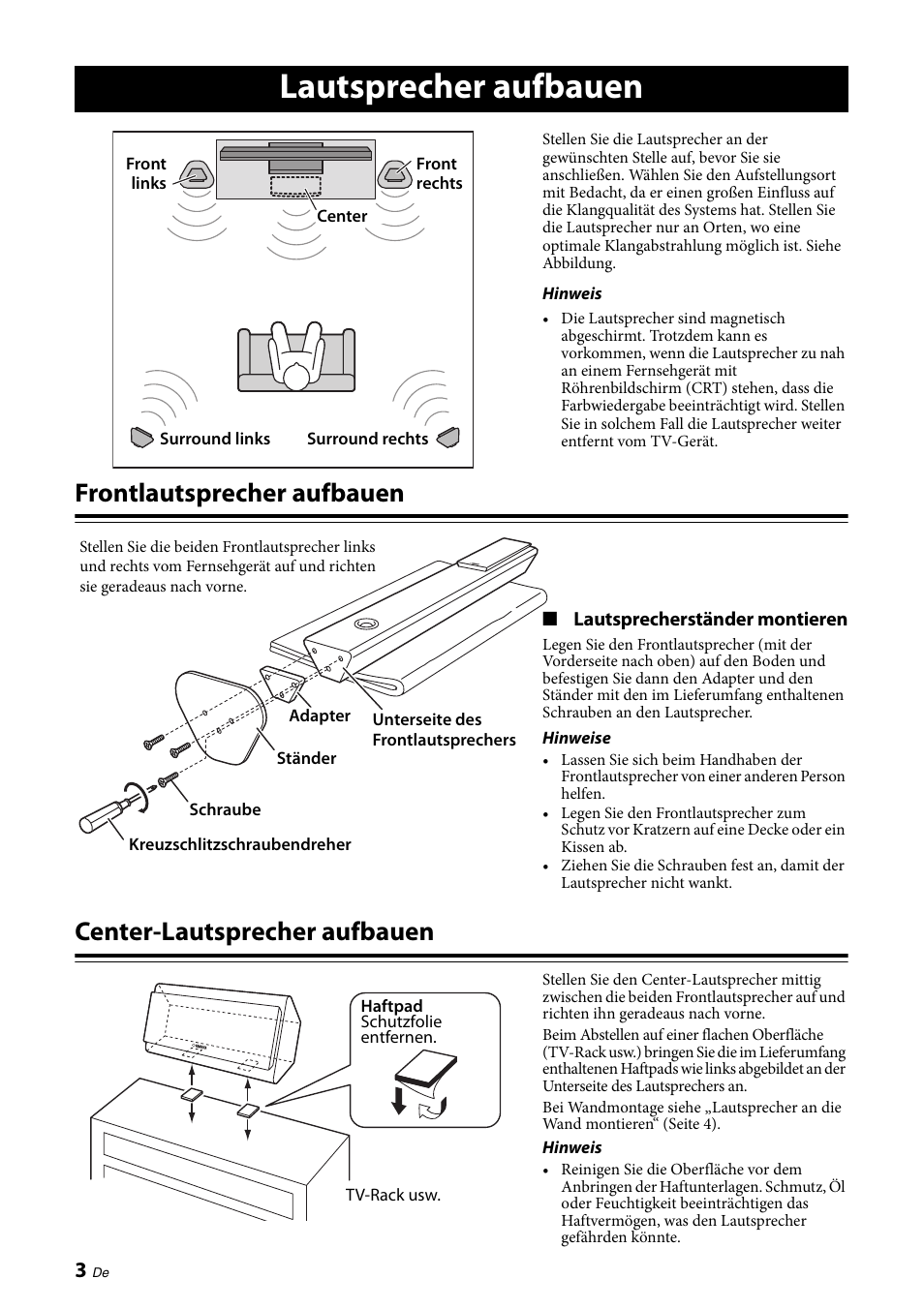 Lautsprecher aufbauen, Frontlautsprecher aufbauen, Center-lautsprecher aufbauen | Yamaha NS-PA120 User Manual | Page 16 / 40