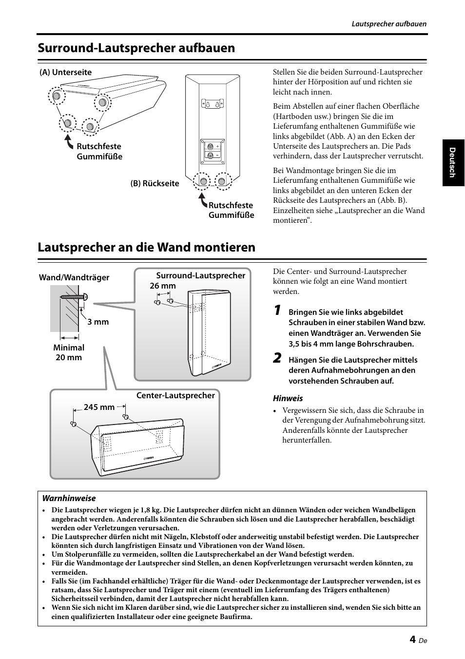 Surround-lautsprecher aufbauen, Lautsprecher an die wand montieren | Yamaha NS-PA120 User Manual | Page 17 / 40