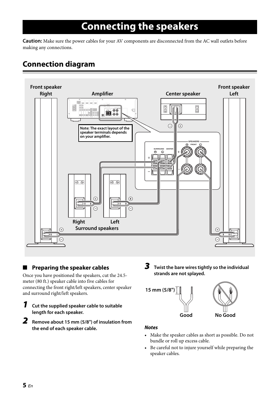 Connecting the speakers, Connection diagram, Preparing the speaker cables | Yamaha NS-PA120 User Manual | Page 6 / 40