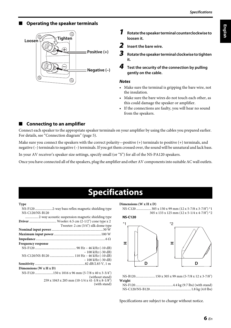 Specifications | Yamaha NS-PA120 User Manual | Page 7 / 40
