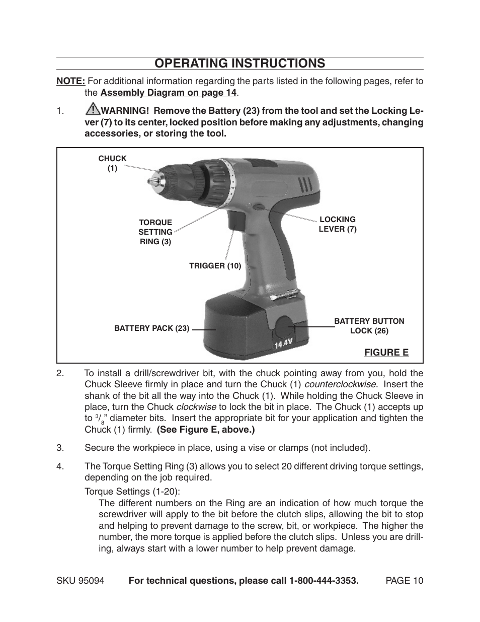 Operating instructions | Harbor Freight Tools 95094 User Manual | Page 10 / 14