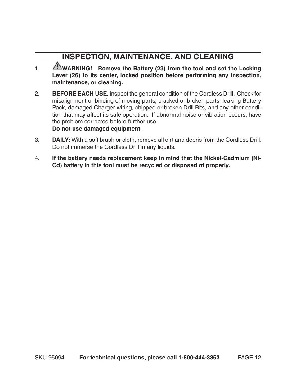 Inspection, maintenance, and cleaning | Harbor Freight Tools 95094 User Manual | Page 12 / 14