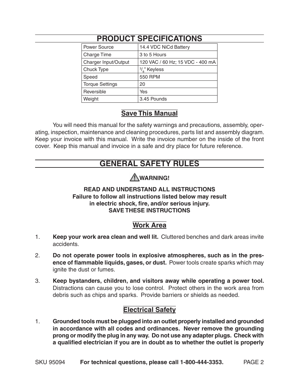 Product specifications, General safety rules, Save this manual | Work area, Electrical safety | Harbor Freight Tools 95094 User Manual | Page 2 / 14