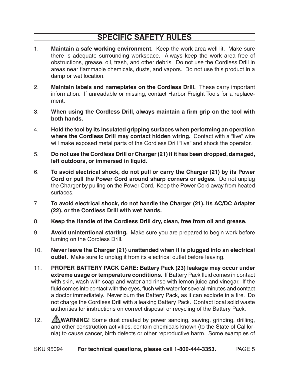 Specific safety rules | Harbor Freight Tools 95094 User Manual | Page 5 / 14