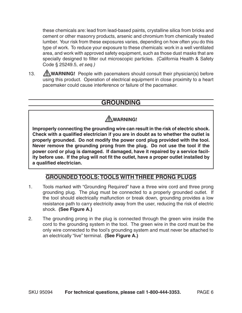 Grounding | Harbor Freight Tools 95094 User Manual | Page 6 / 14