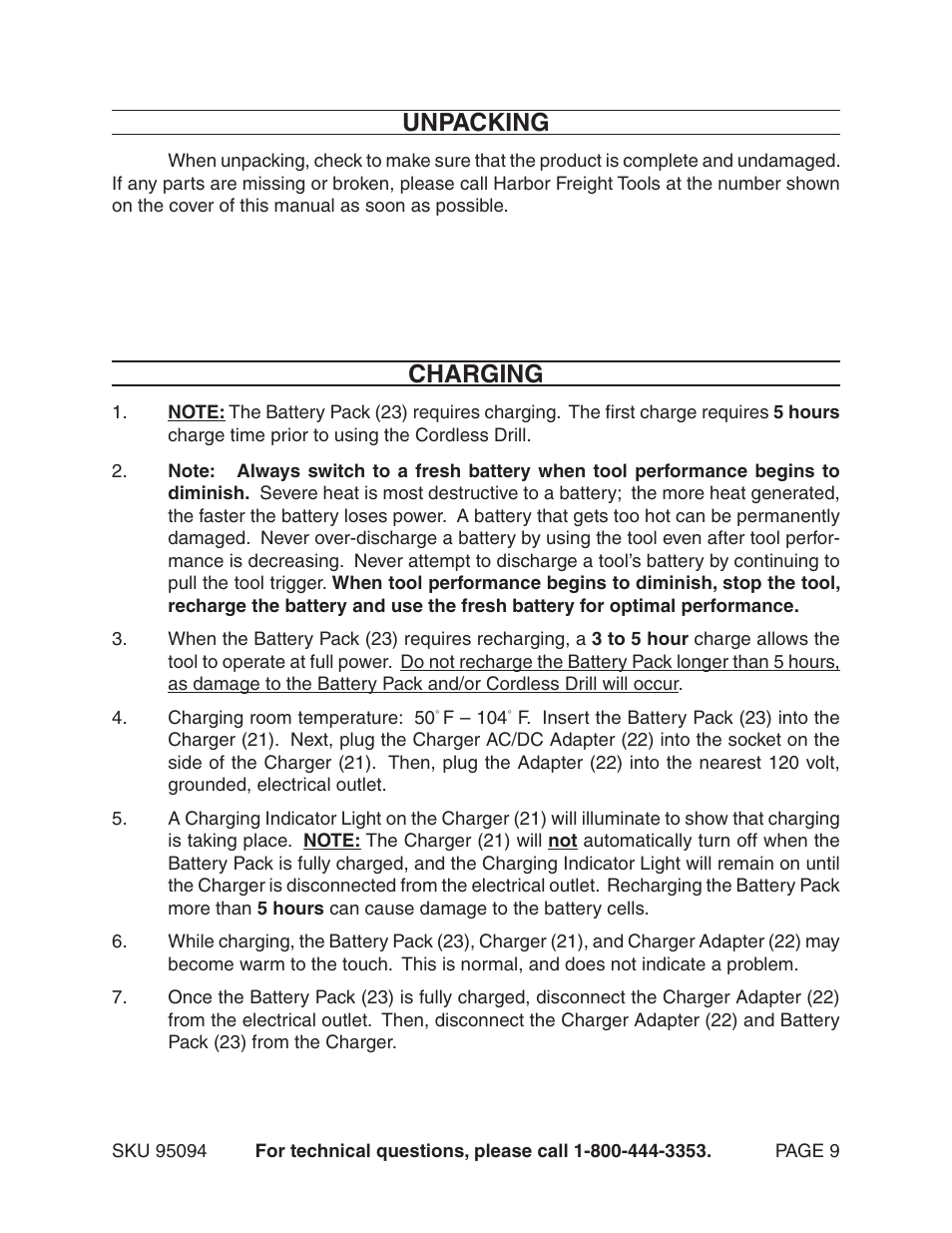 Unpacking, Charging | Harbor Freight Tools 95094 User Manual | Page 9 / 14