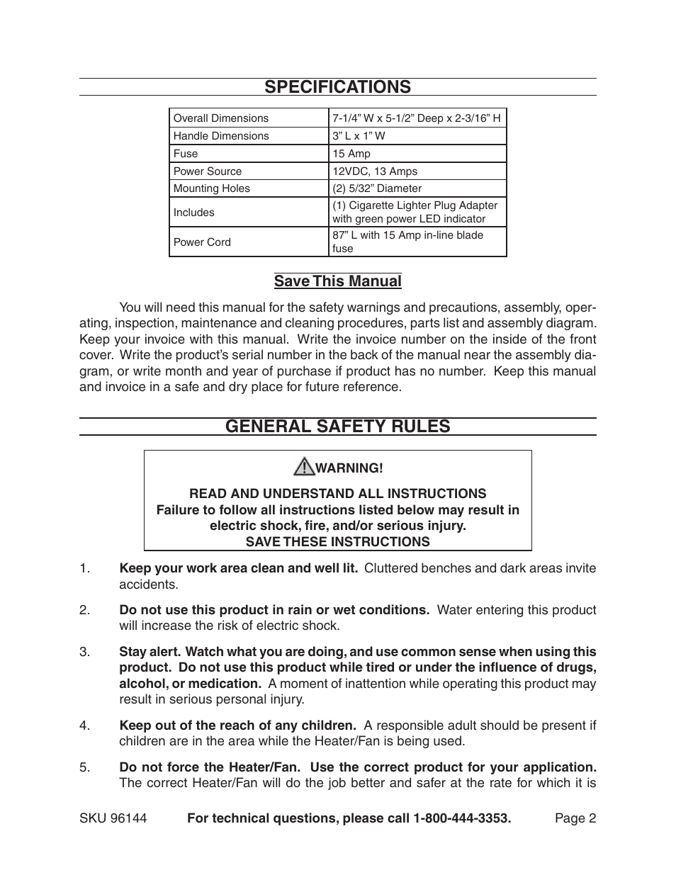 Specifications, General safety rules, Save this manual | Harbor Freight Tools 96144 User Manual | Page 2 / 8