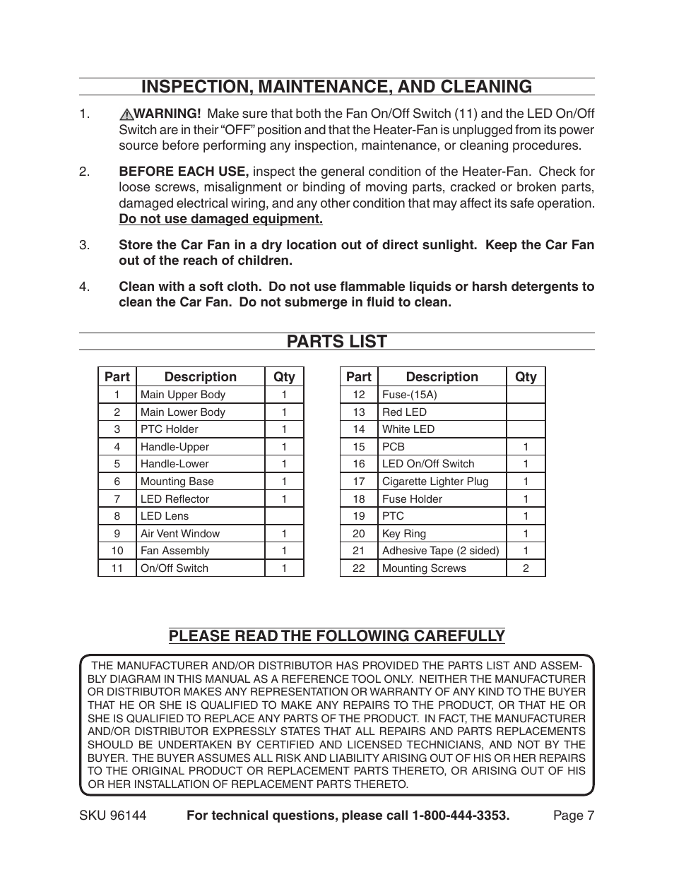 Inspection, maintenance, and cleaning, Parts list, Please read the following carefully | Harbor Freight Tools 96144 User Manual | Page 7 / 8