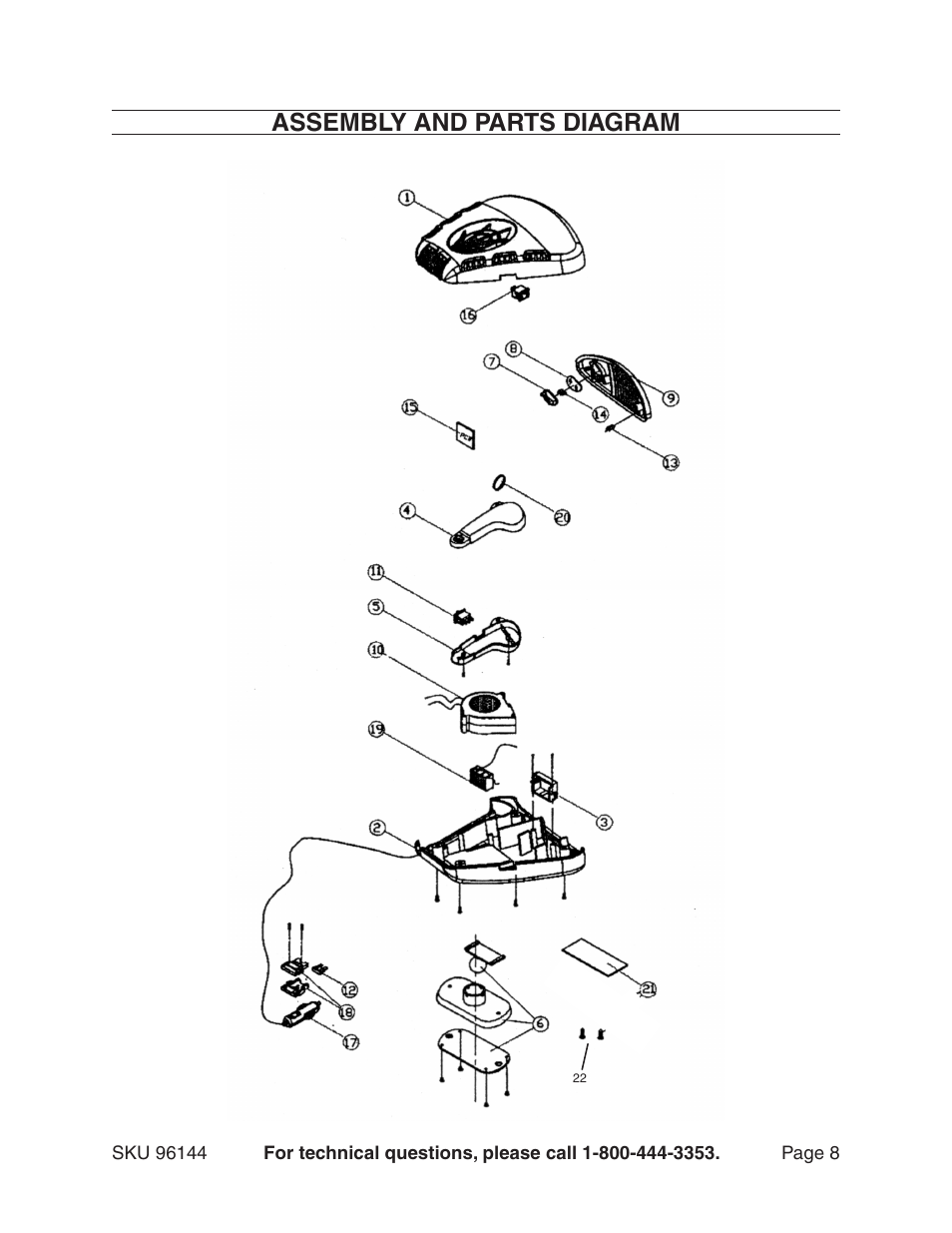 Assembly and parts diagram | Harbor Freight Tools 96144 User Manual | Page 8 / 8