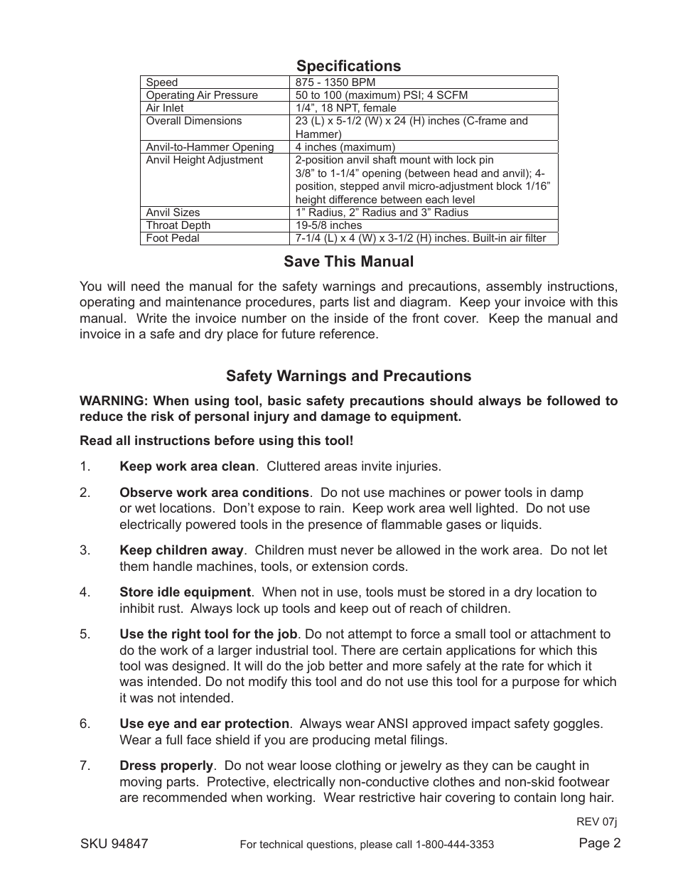 Specifications, Save this manual, Safety warnings and precautions | Harbor Freight Tools CENTRAL PNEUMATIC 94847 User Manual | Page 2 / 9