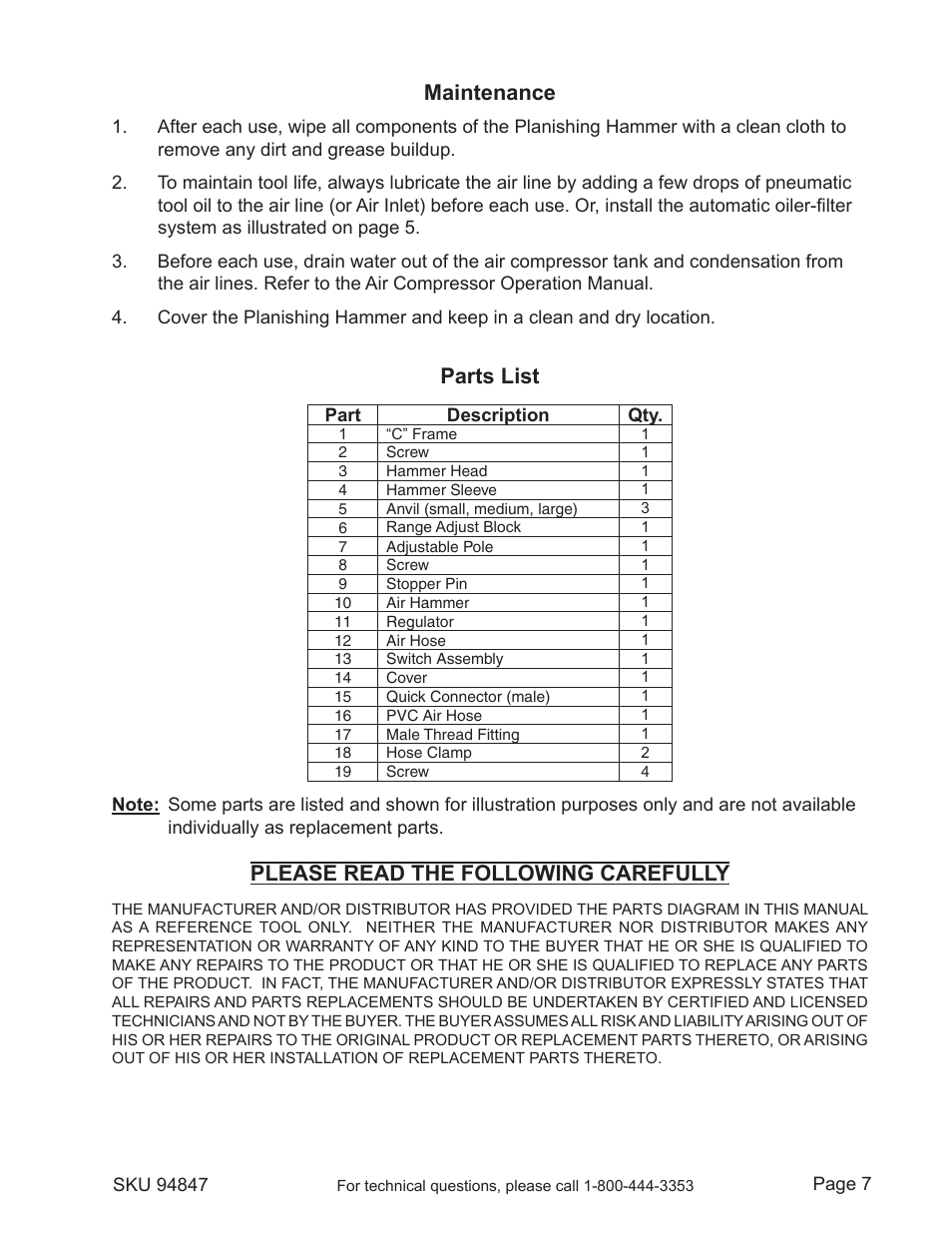 Maintenance, Parts list, Please read the following carefully | Harbor Freight Tools CENTRAL PNEUMATIC 94847 User Manual | Page 7 / 9