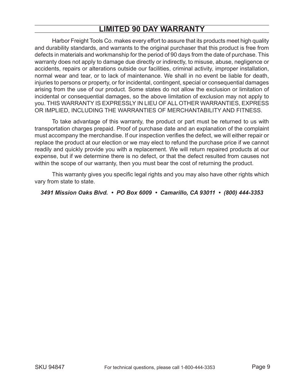Limited 90 day warranty | Harbor Freight Tools CENTRAL PNEUMATIC 94847 User Manual | Page 9 / 9