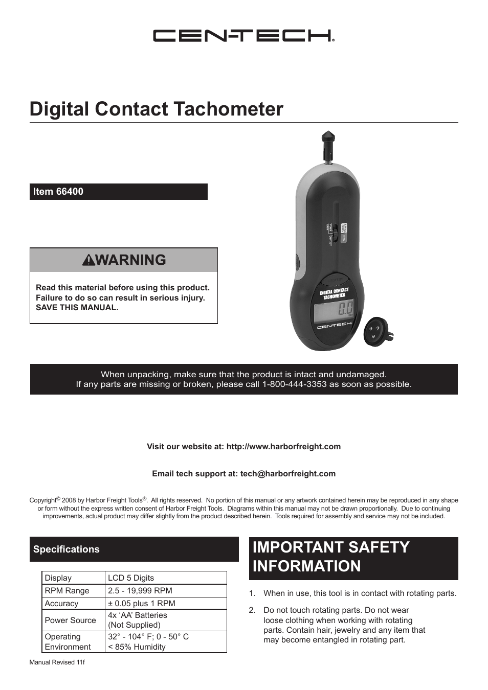 Harbor Freight Tools CEN-TECH 66400 User Manual | 7 pages