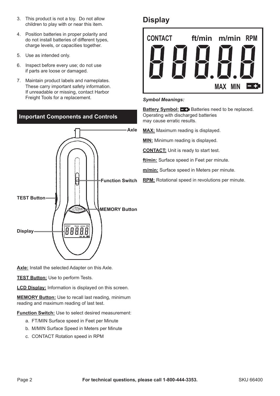 Display contact rpm max min ft/min m/min | Harbor Freight Tools CEN-TECH 66400 User Manual | Page 2 / 7