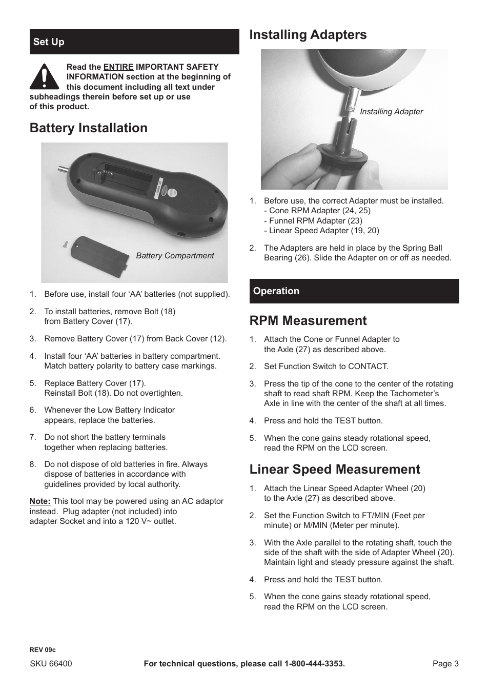 Battery installation, Installing adapters, Rpm measurement | Linear speed measurement | Harbor Freight Tools CEN-TECH 66400 User Manual | Page 3 / 7