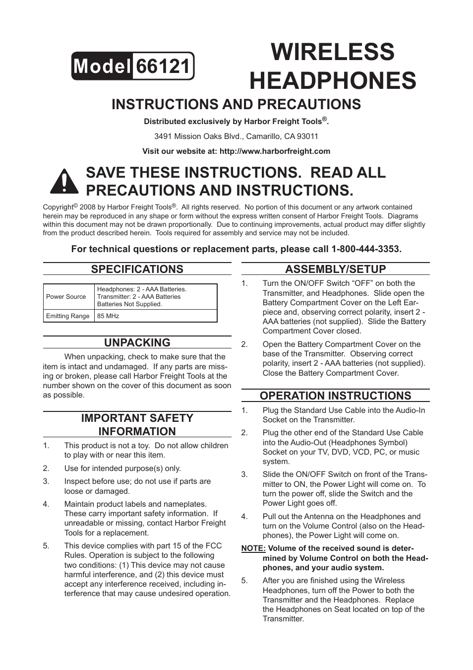 Harbor Freight Tools 66121 User Manual | 2 pages