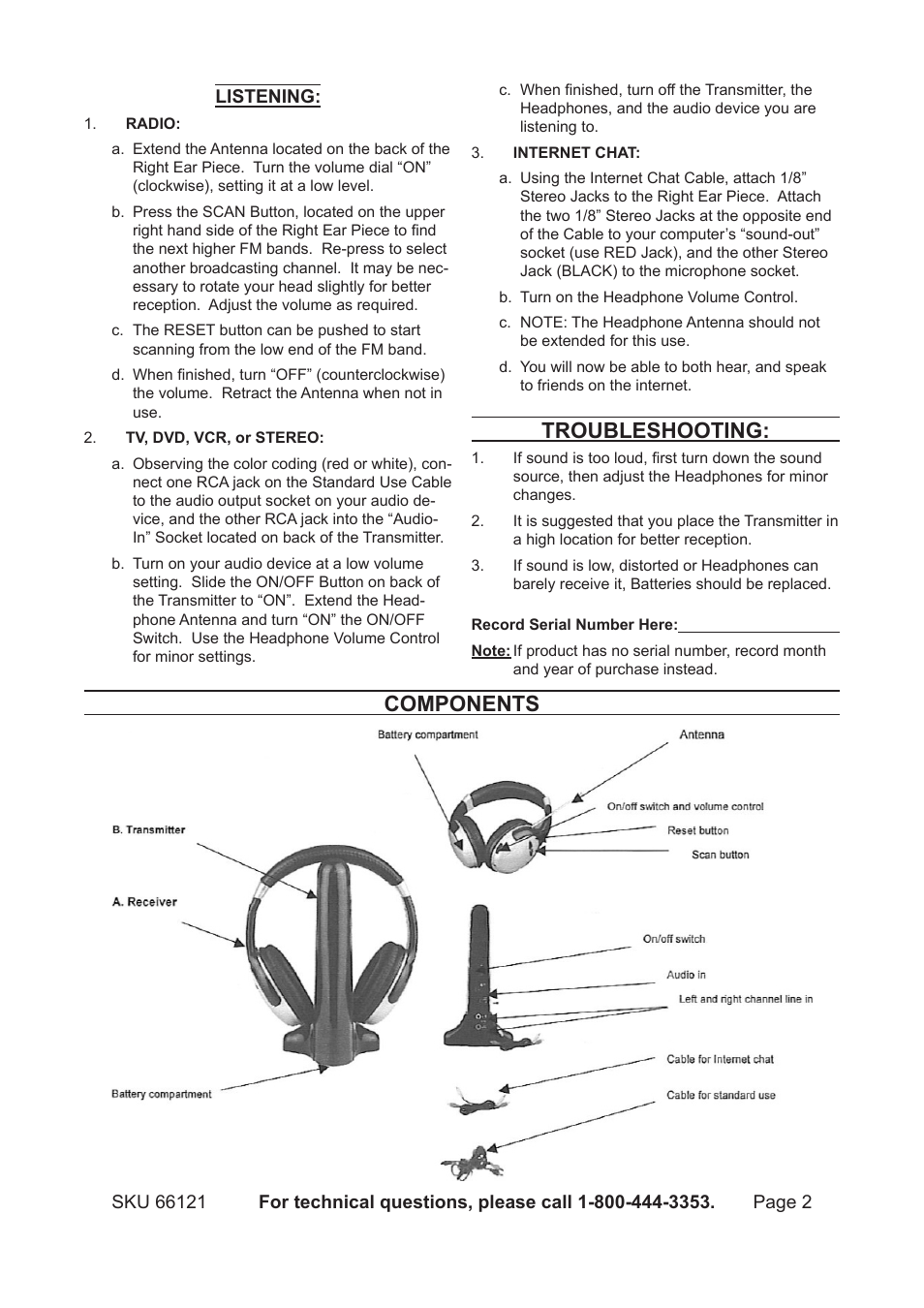 Troubleshooting, Components | Harbor Freight Tools 66121 User Manual | Page 2 / 2