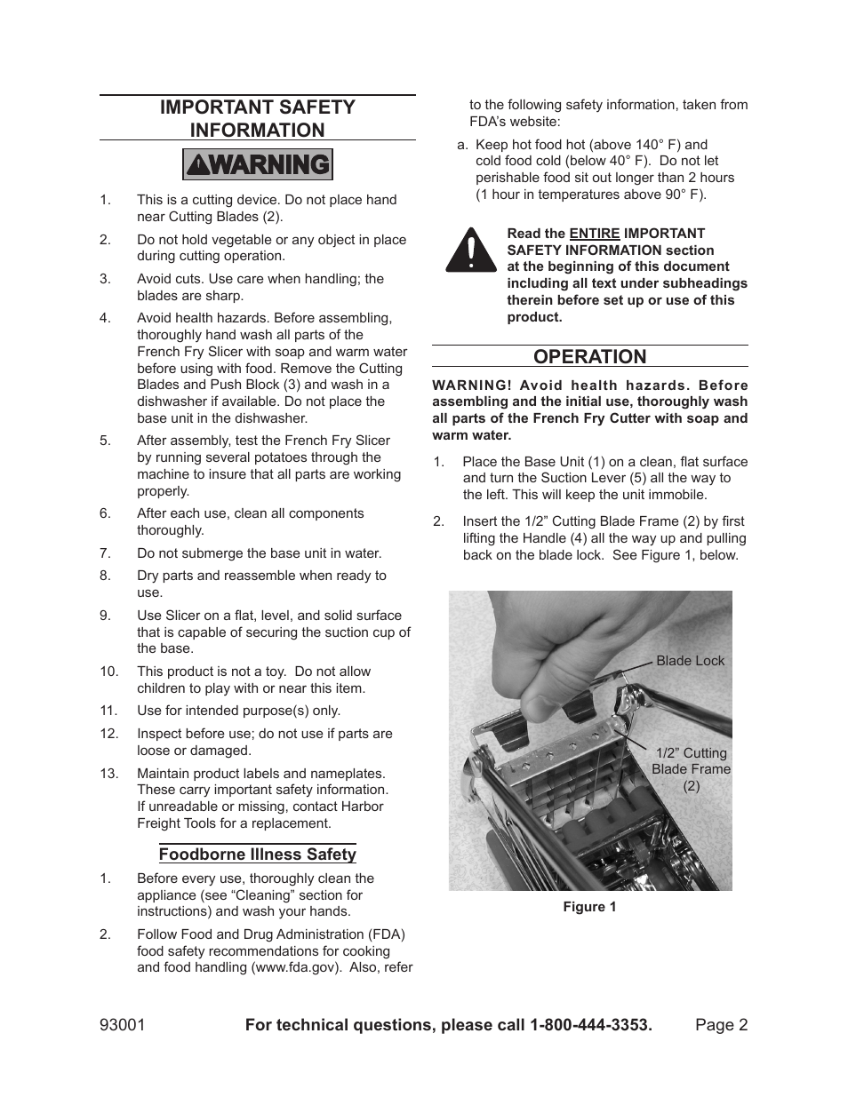 Important safety information, Operation | Harbor Freight Tools 93001 User Manual | Page 2 / 4