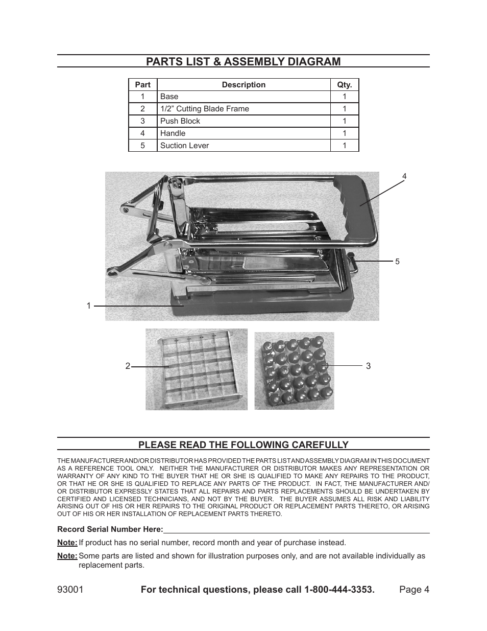 Parts list & assembly diagram | Harbor Freight Tools 93001 User Manual | Page 4 / 4