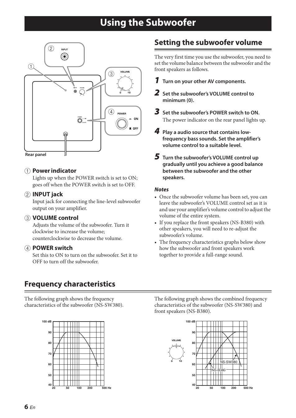 Using the subwoofer, Setting the subwoofer volume, Frequency characteristics | 1 power indicator, 2 input jack, 3 volume control, 4 power switch | Yamaha NS-P380 User Manual | Page 10 / 84