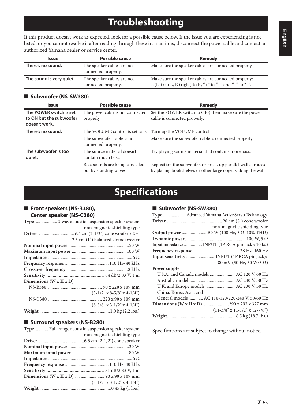 Troubleshooting, Specifications | Yamaha NS-P380 User Manual | Page 11 / 84